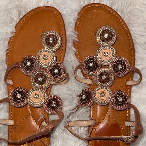 Yellow Box Brown Sandals with Whipstitch & Rhinestone Detailing - 8 - New - Picture 2 of 3